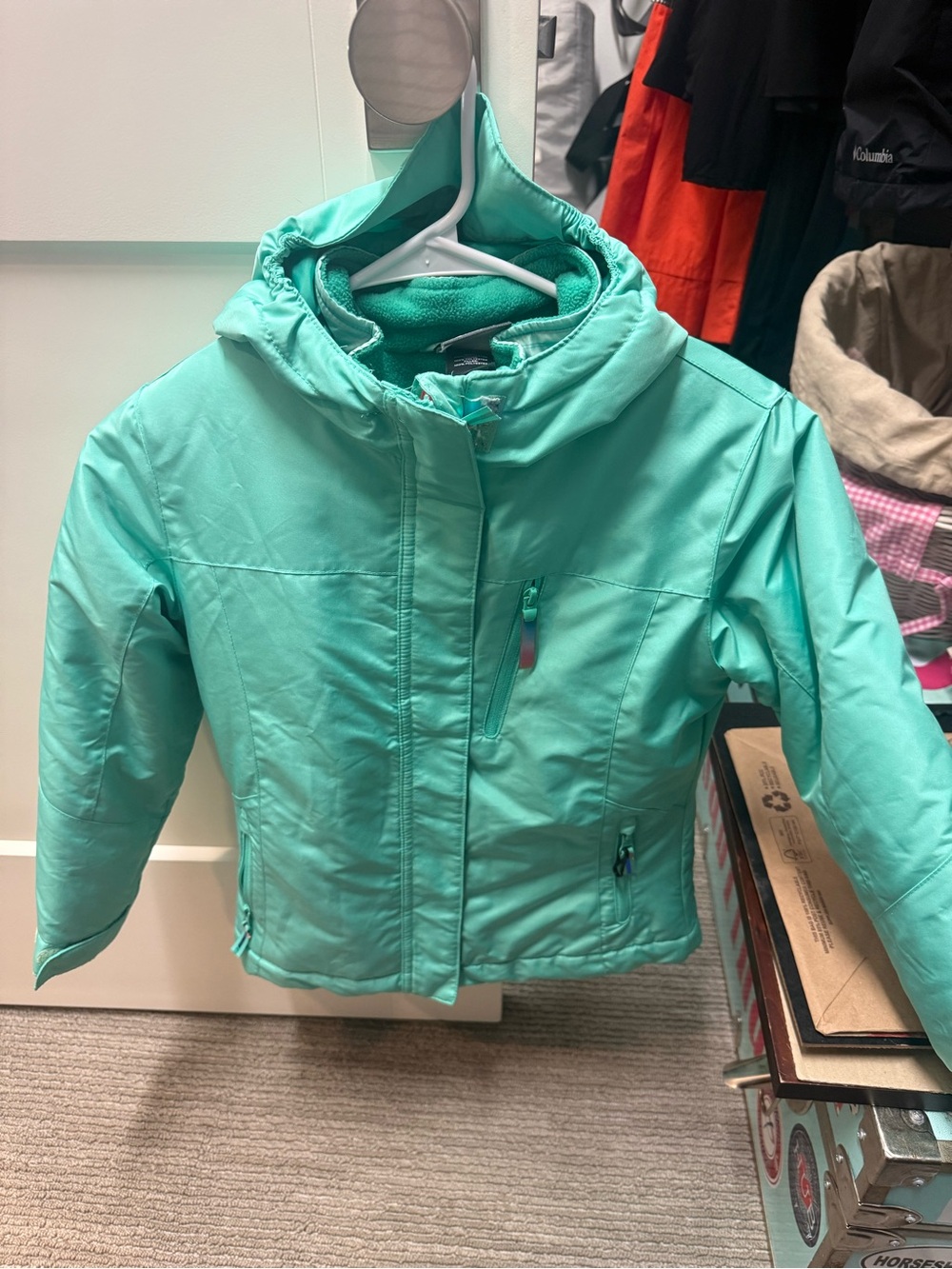 Kids' Teal Hooded Ski Jacket with Insulated Liner.